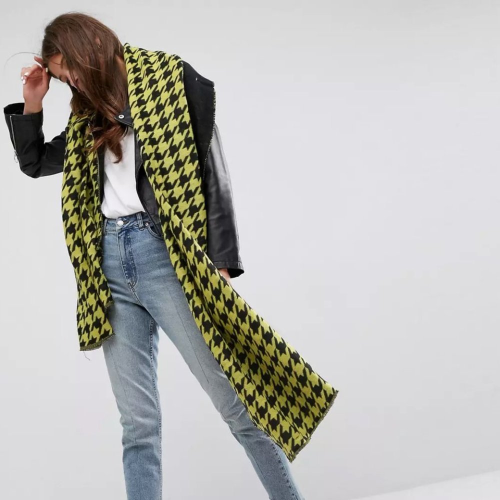 Worn Once ASOS Oversized Bright Lime Green Houndstooth Scarf